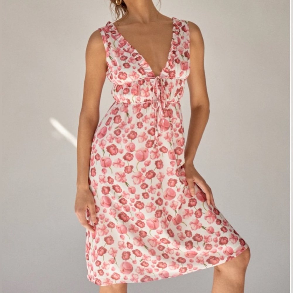 Samantha Sipos Strawberry Floral Pink Chiffon Dress Cut Out Front Size Medium